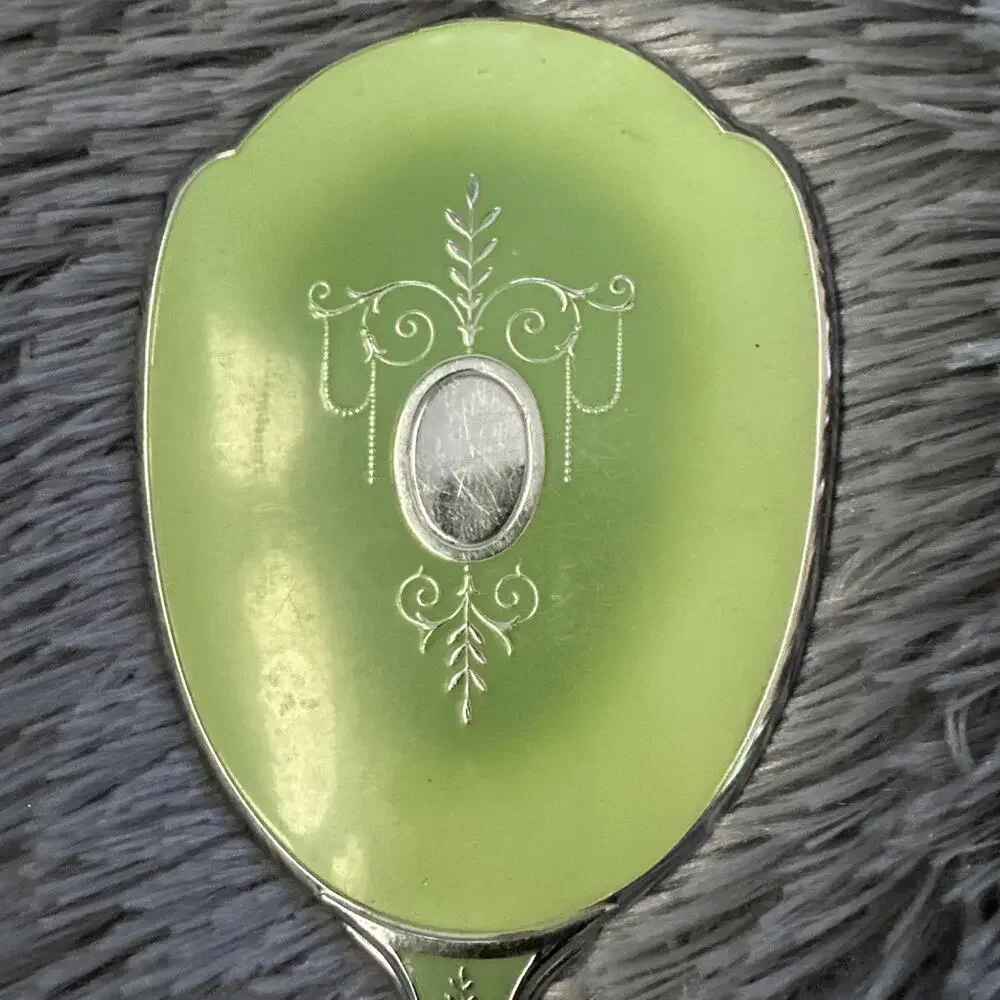 Art Deco Vintage Lime Green Enamel Hand Mirror Silver Tone Vanity
